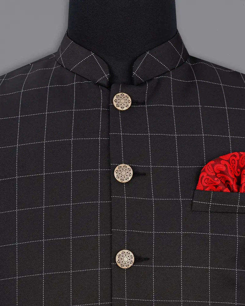 Jade Black Windowpane Cross Placket Bandhgala Suit 18