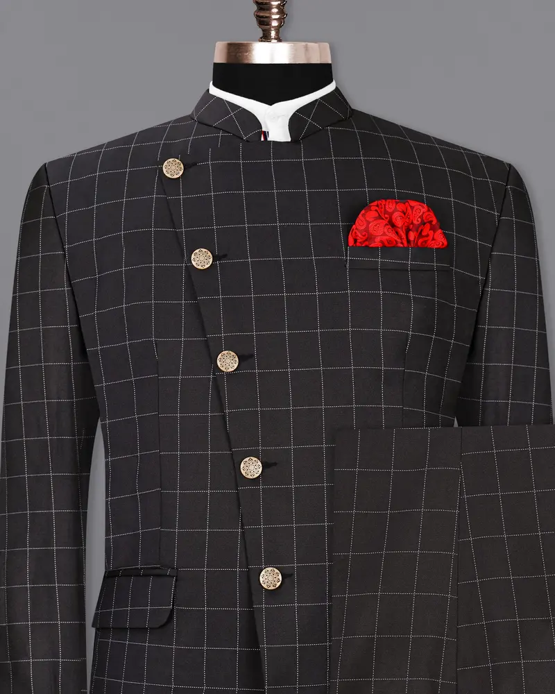Jade Black Windowpane Cross Placket Bandhgala Suit 2