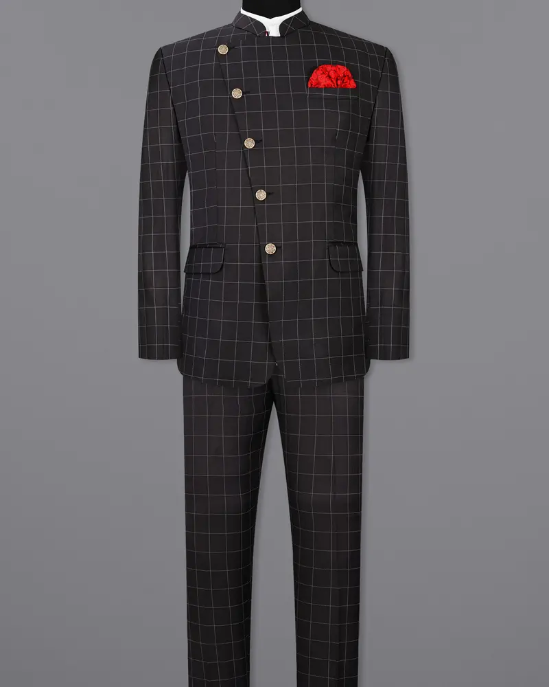 Jade Black Windowpane Cross Placket Bandhgala Suit 4