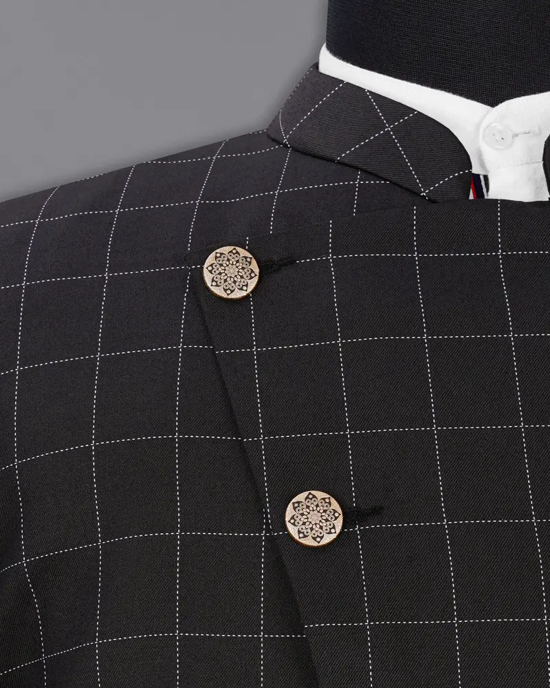 Jade Black Windowpane Cross Placket Bandhgala Suit 5