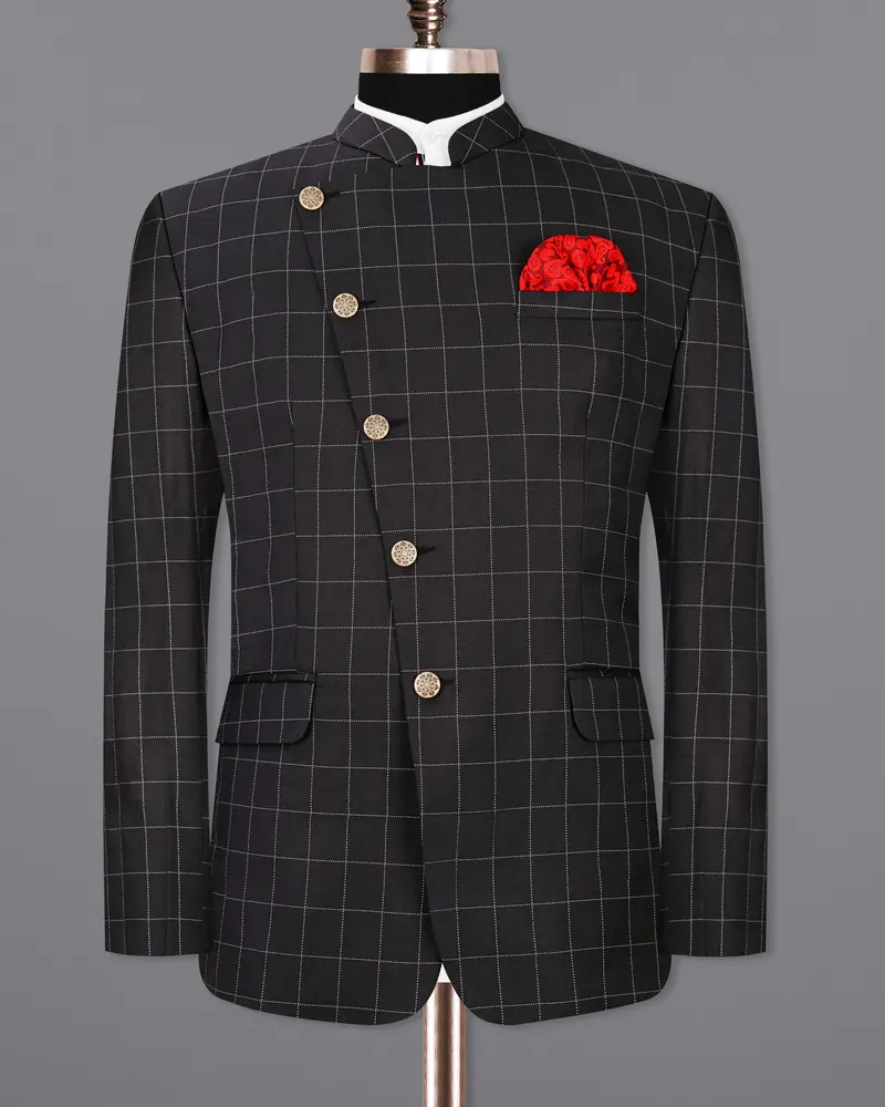 Jade Black Windowpane Cross Placket Bandhgala Suit 9