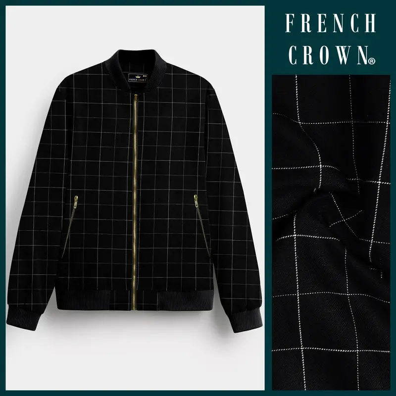 Jade Black Windowpane Twill Premium Bomber Jacket 1
