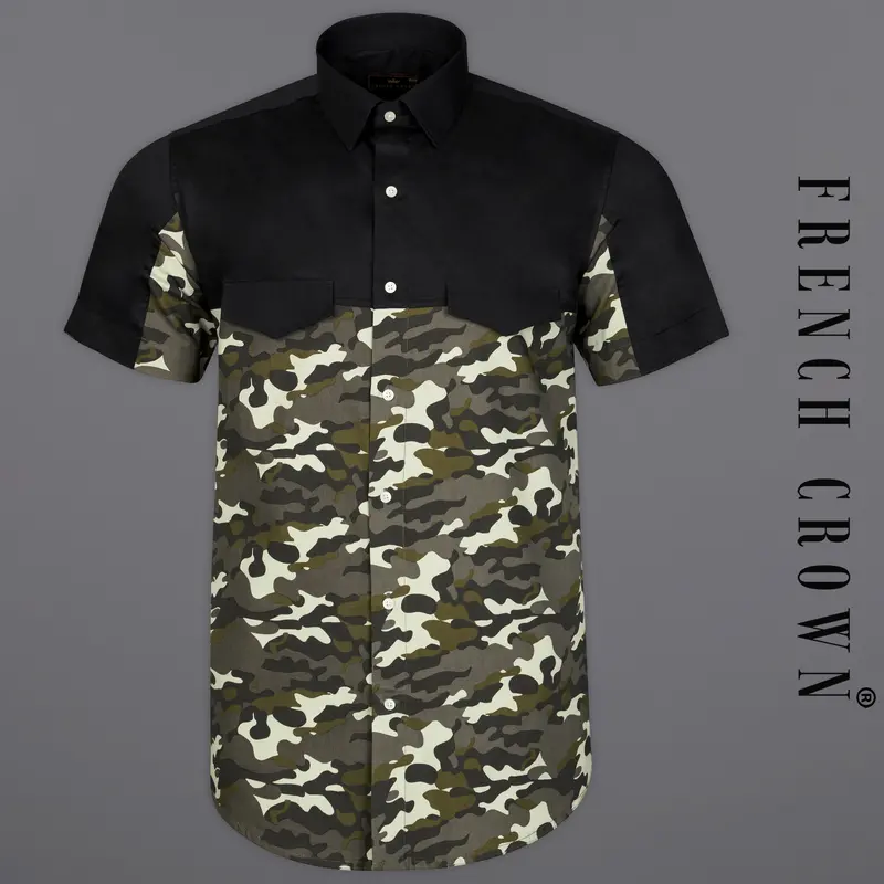 Jade Black With Birch Brown And Eggshell Cream Camouflage Royal Oxford Half Sleeves Designer Shirt 1