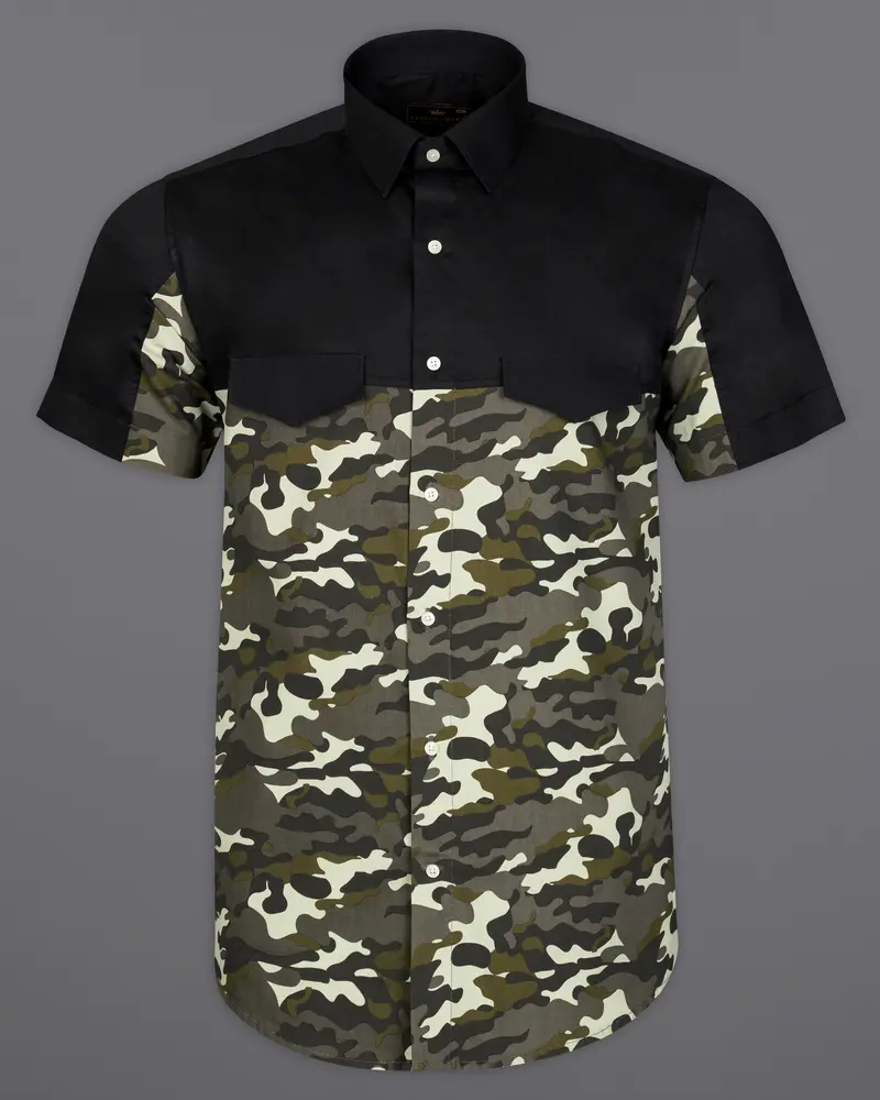 Jade Black With Birch Brown And Eggshell Cream Camouflage Royal Oxford Half Sleeves Designer Shirt 2