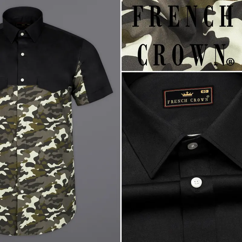 Jade Black With Birch Brown And Eggshell Cream Camouflage Royal Oxford Half Sleeves Designer Shirt 9