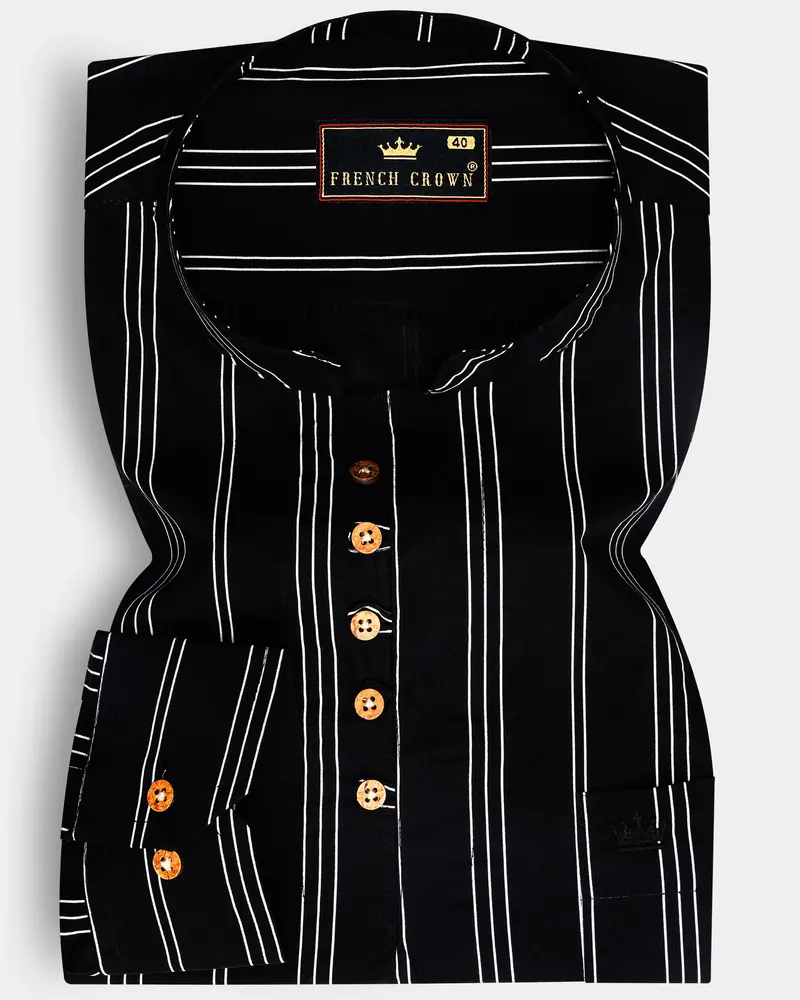 Jade Black With Bright White Striped Twill Premium Cotton Kurta Shirt 1