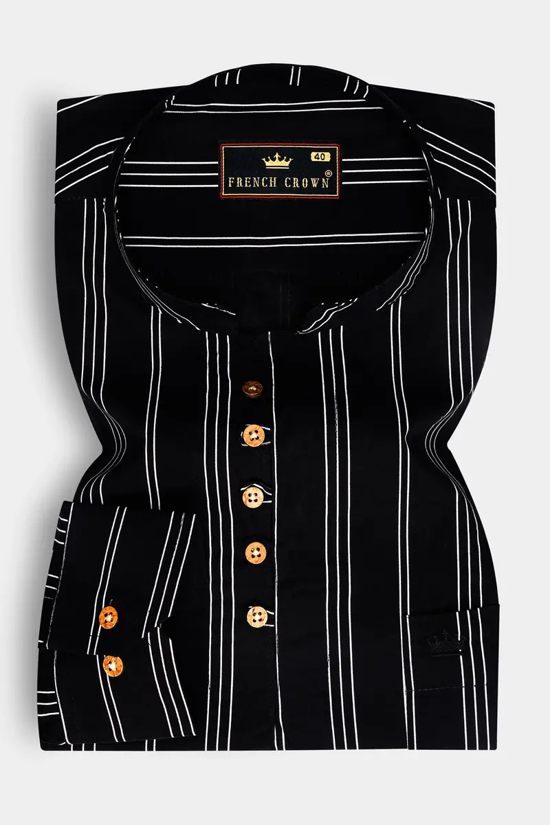 Jade Black With Bright White Striped Twill Premium Cotton Kurta Shirt 2