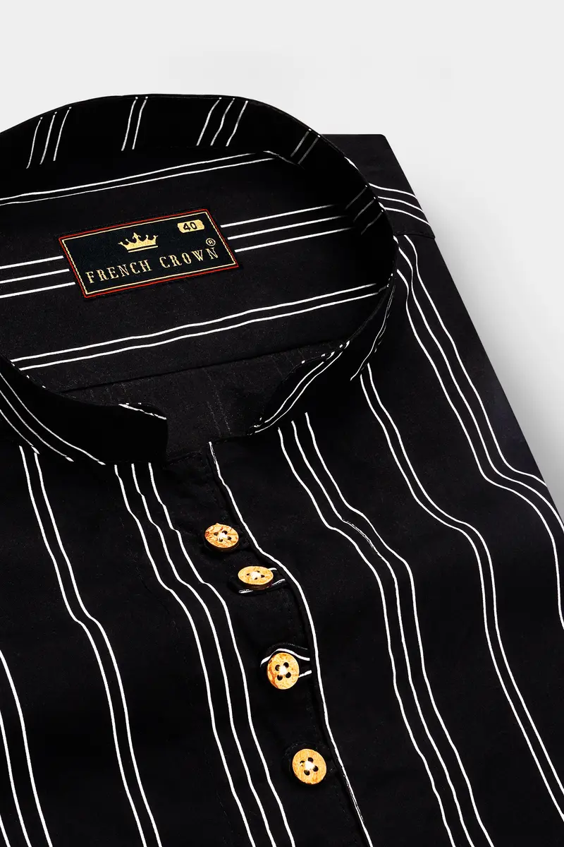 Jade Black With Bright White Striped Twill Premium Cotton Kurta Shirt 4