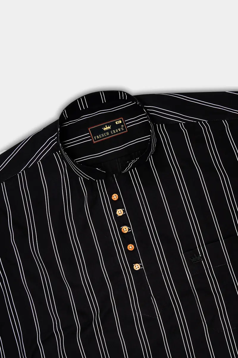 Jade Black With Bright White Striped Twill Premium Cotton Kurta Shirt 5