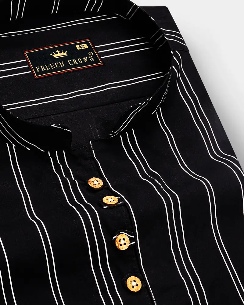 Jade Black With Bright White Striped Twill Premium Cotton Kurta Shirt 6