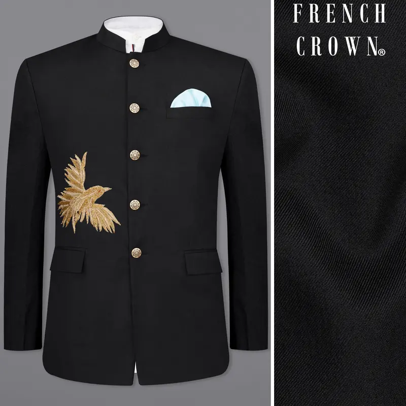 Jade Black With Camel Golden Bird Embroidered Bandhgala Designer Blazer 1