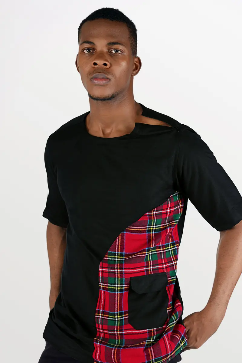 Jade Black With Carmine Red And Pine Green Checkered Luxurious Linen Designer Bush Shirt 2