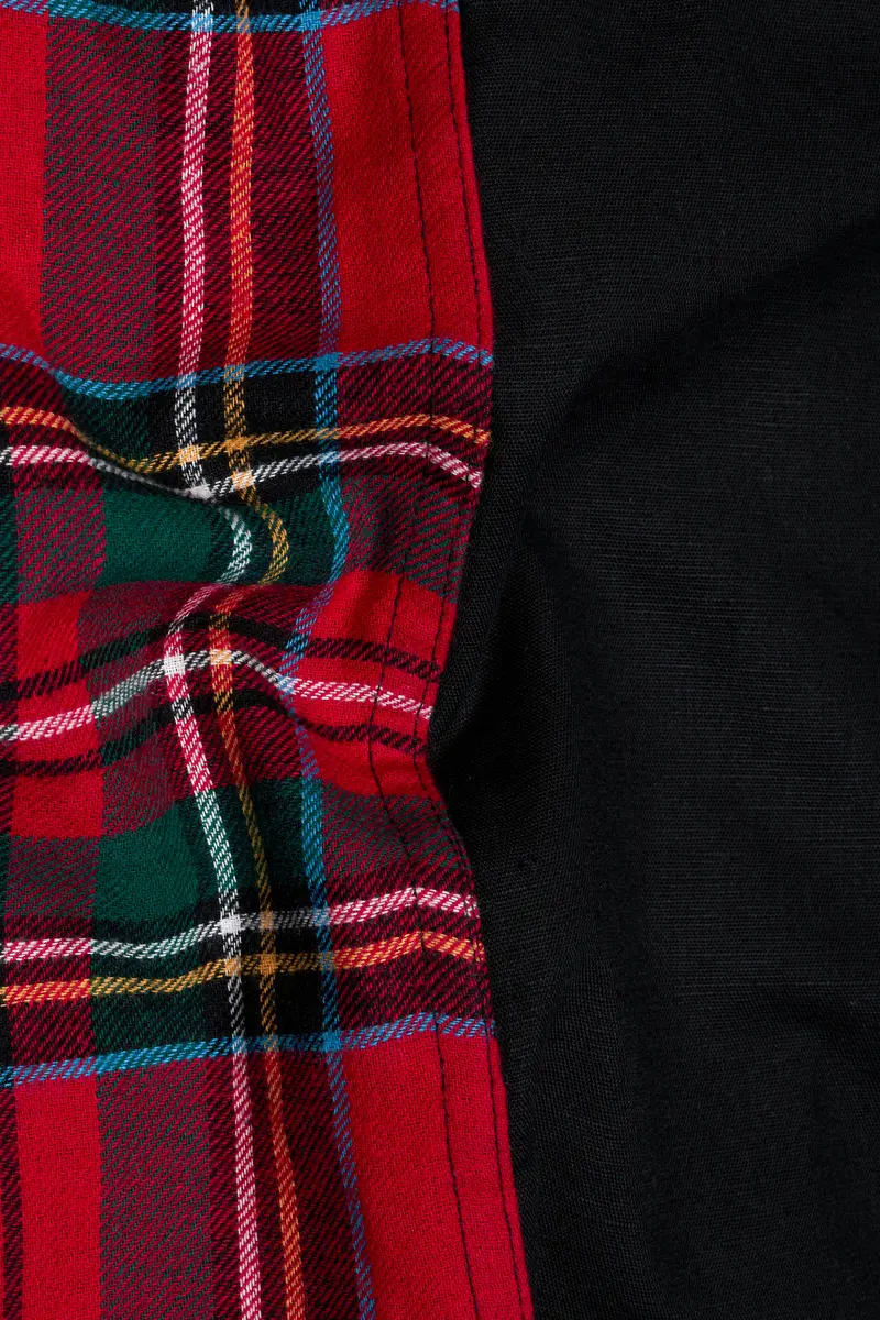 Jade Black With Carmine Red And Pine Green Checkered Luxurious Linen Designer Bush Shirt 3
