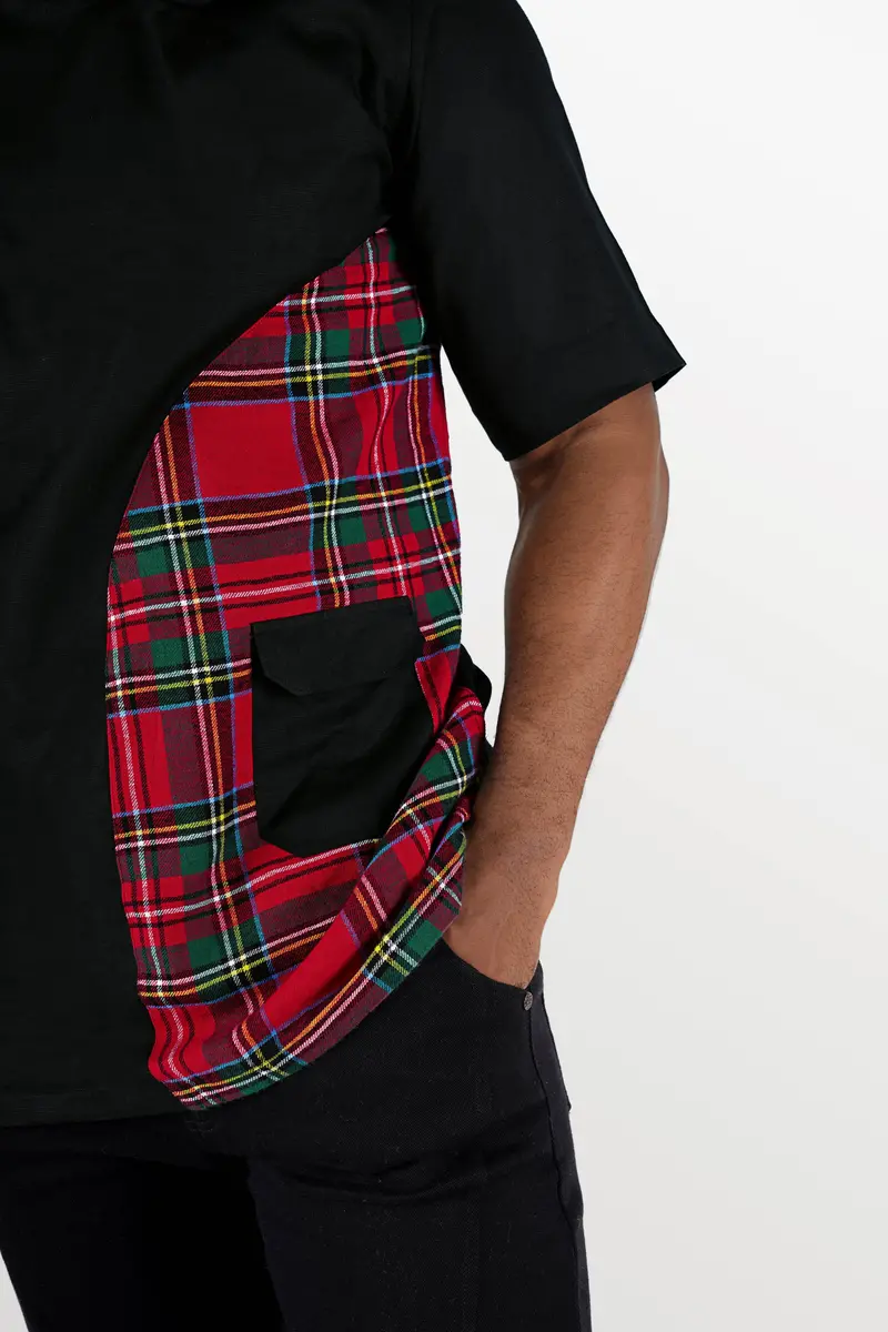 Jade Black With Carmine Red And Pine Green Checkered Luxurious Linen Designer Bush Shirt 6