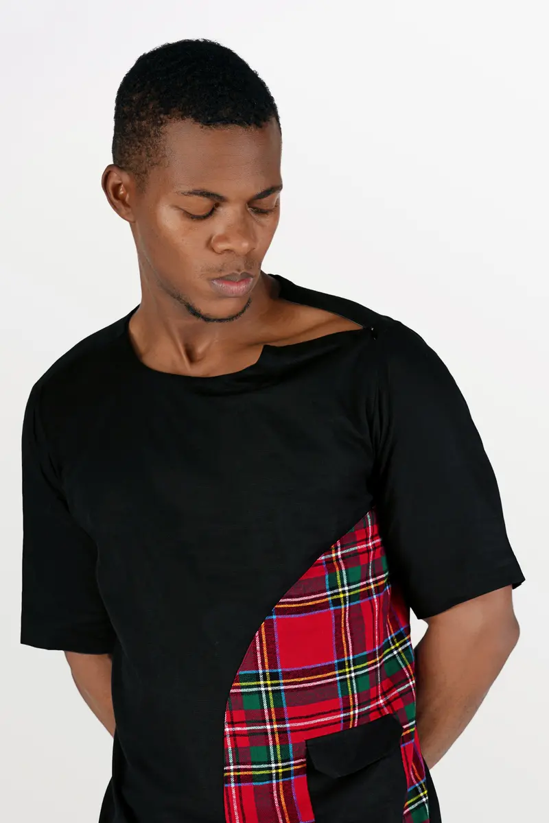 Jade Black With Carmine Red And Pine Green Checkered Luxurious Linen Designer Bush Shirt 7