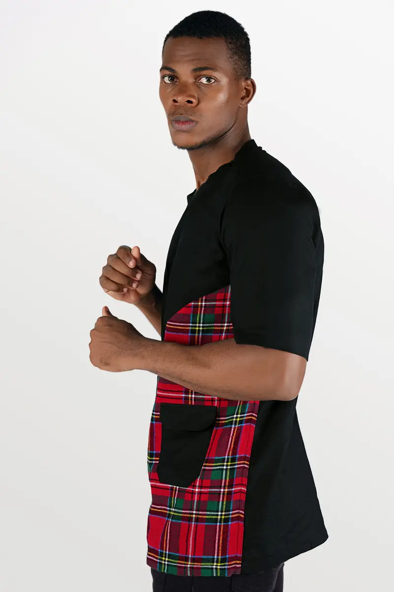 Jade Black With Carmine Red And Pine Green Checkered Luxurious Linen Designer Bush Shirt 8