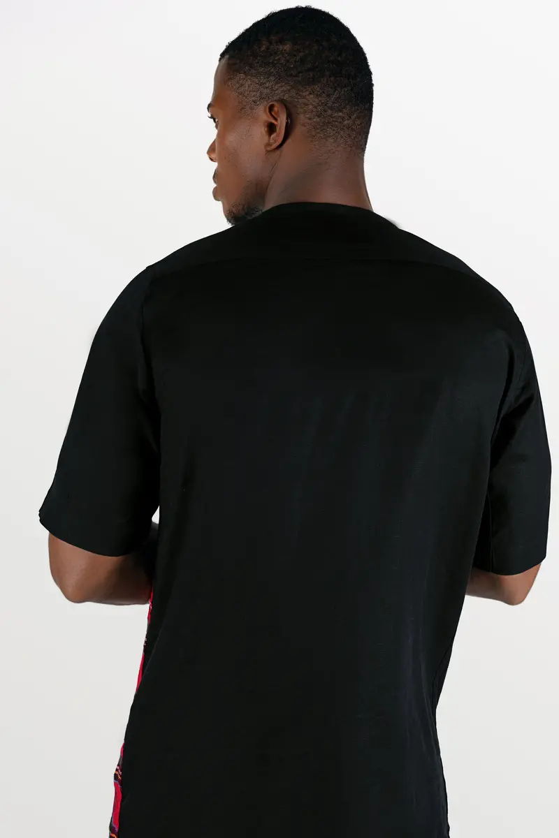 Jade Black With Carmine Red And Pine Green Checkered Luxurious Linen Designer Bush Shirt 9
