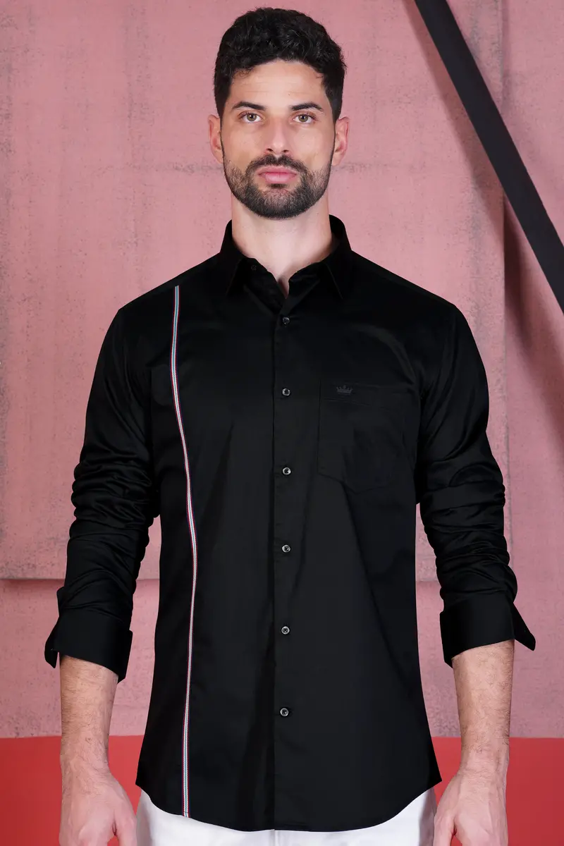 Jade Black With Carmine Red Three Trimming Patterned Premium Cotton Shirt 1