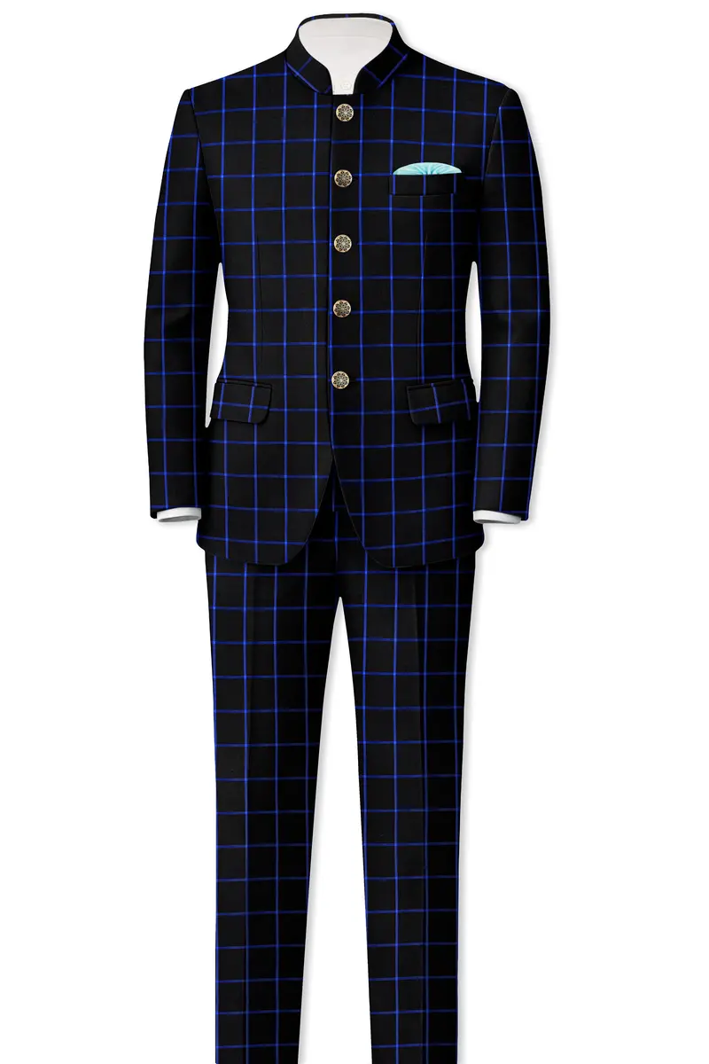 Jade Black With Cerulean Blue Windowpane Wool Rich Pant 7
