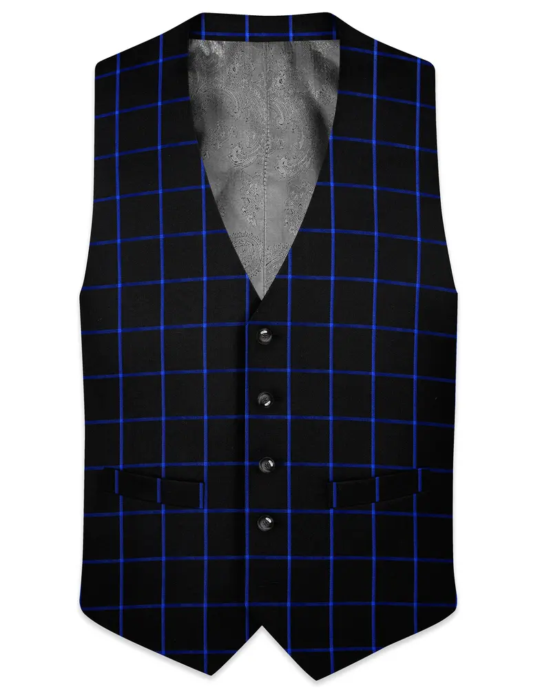 Jade Black With Cerulean Blue Windowpane Wool Rich Waistcoat 1