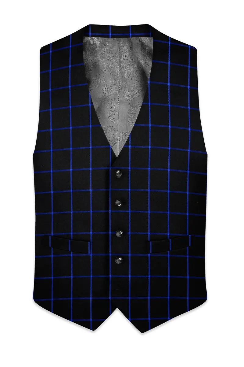 Jade Black With Cerulean Blue Windowpane Wool Rich Waistcoat 2