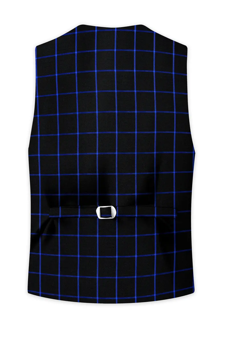 Jade Black With Cerulean Blue Windowpane Wool Rich Waistcoat 4