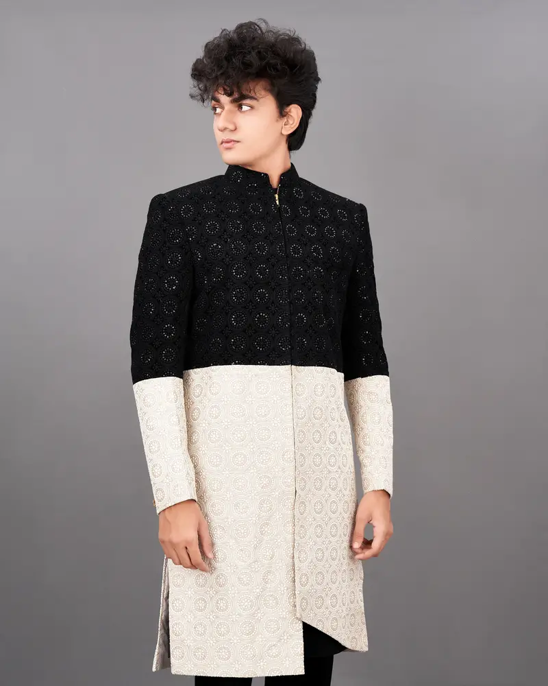 Jade Black With Eggshell Cream And Sequence Embroidered Indo-Western With Kurta And Pants Set 1