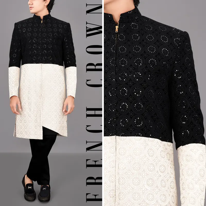Jade Black With Eggshell Cream And Sequence Embroidered Indo-Western With Kurta And Pants Set 1