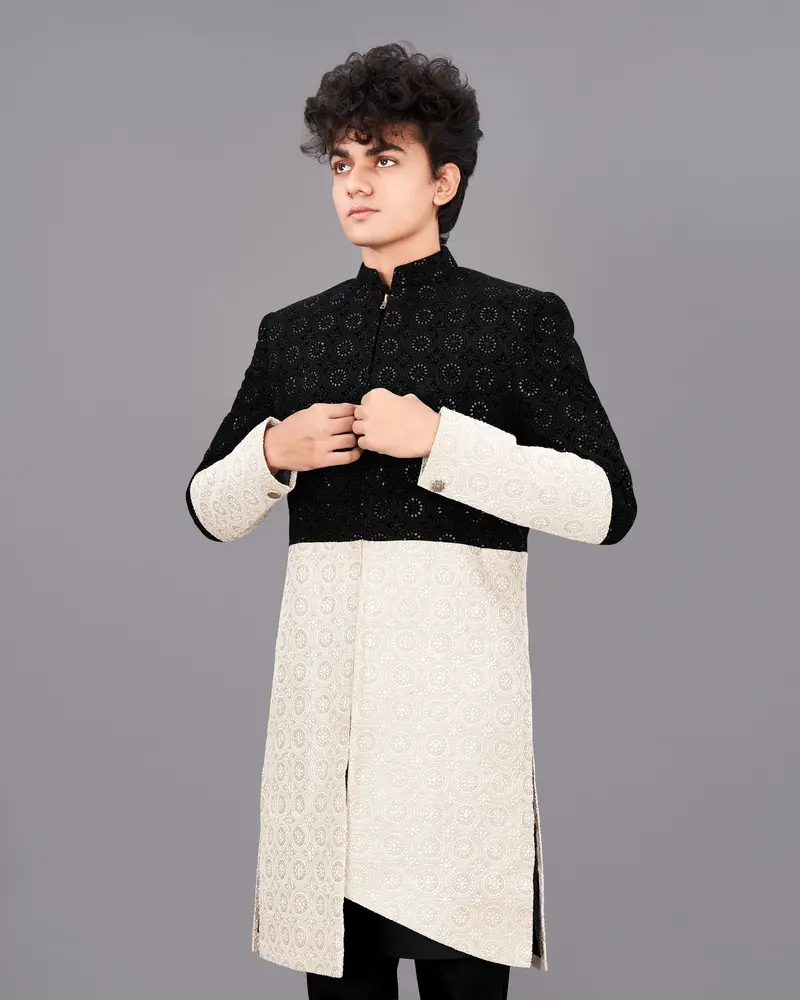 Jade Black With Eggshell Cream And Sequence Embroidered Indo-Western With Kurta And Pants Set 2