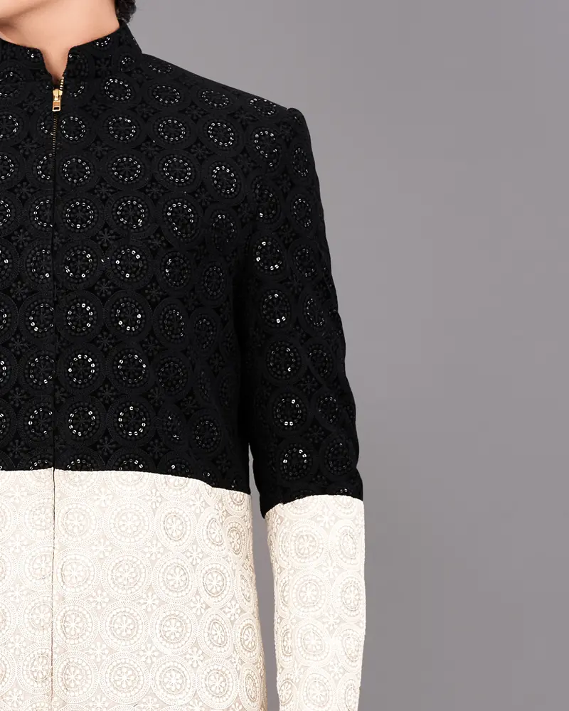 Jade Black With Eggshell Cream And Sequence Embroidered Indo-Western With Kurta And Pants Set 3
