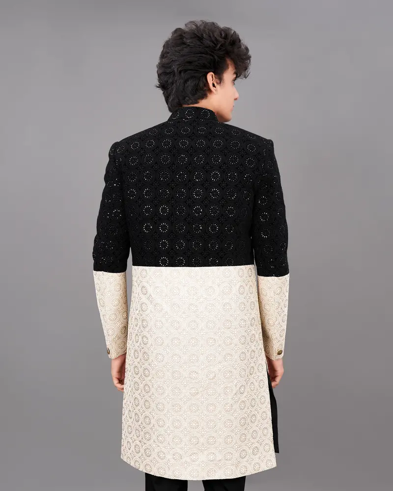 Jade Black With Eggshell Cream And Sequence Embroidered Indo-Western With Kurta And Pants Set 4