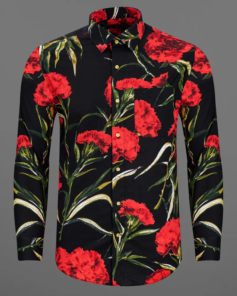 Jade Black With Flush Mahogany Floral Printed Premium Cotton Shirt 1