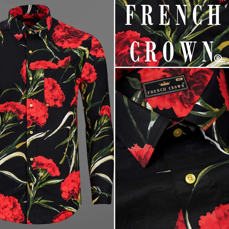 Jade Black With Flush Mahogany Floral Printed Premium Cotton Shirt 11
