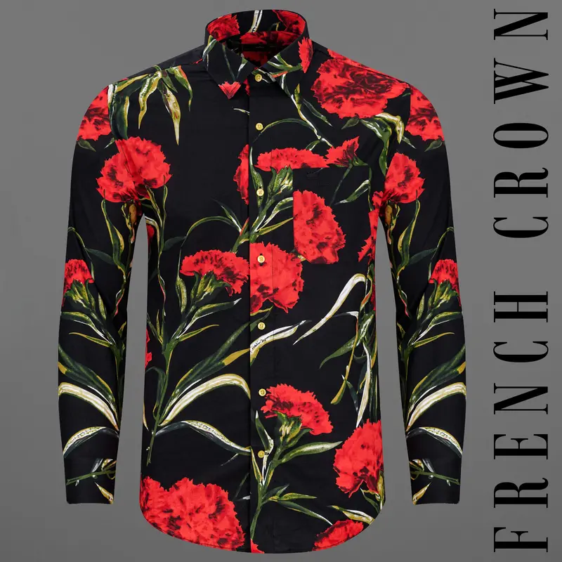 Jade Black With Flush Mahogany Floral Printed Premium Cotton Shirt 8