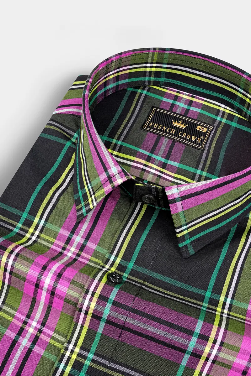 Jade Black With Hibiscus Pink Plaid Premium Cotton Shirt 1