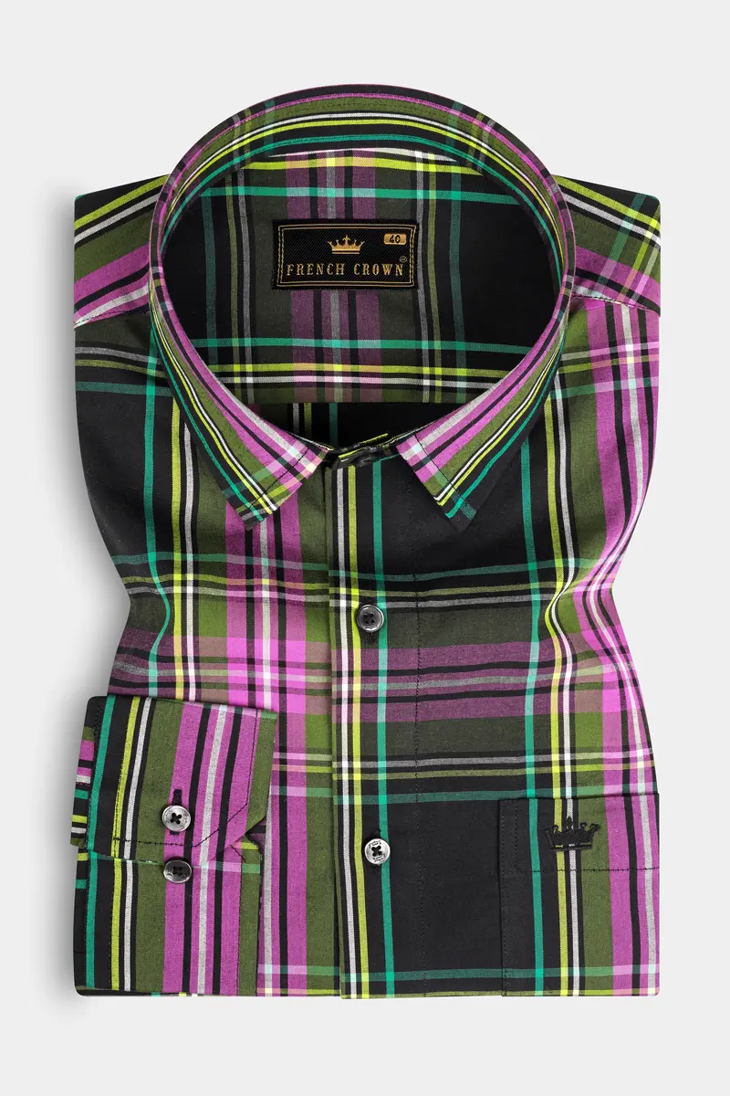 Jade Black With Hibiscus Pink Plaid Premium Cotton Shirt 3