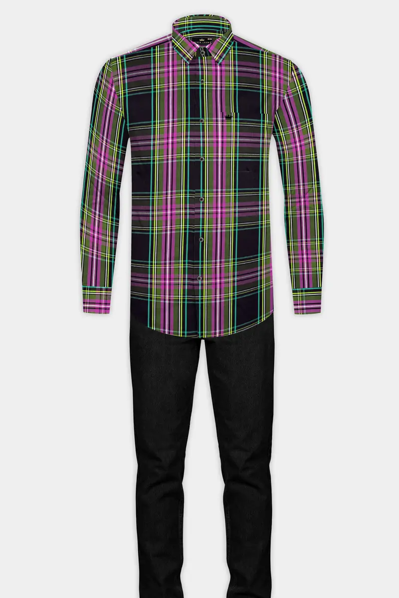 Jade Black With Hibiscus Pink Plaid Premium Cotton Shirt 6