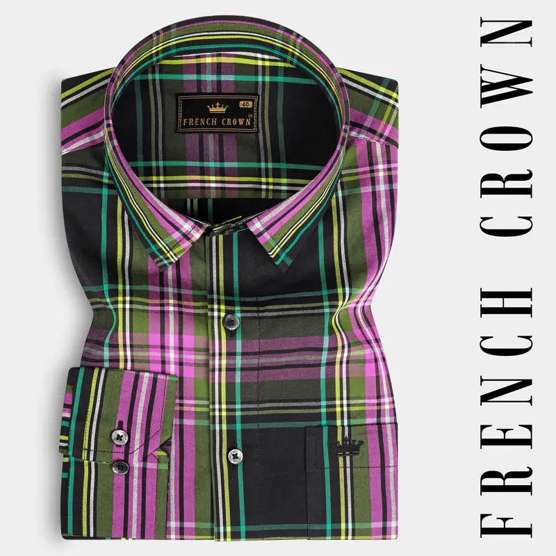 Jade Black With Hibiscus Pink Plaid Premium Cotton Shirt 7