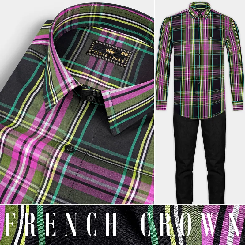 Jade Black With Hibiscus Pink Plaid Premium Cotton Shirt 8