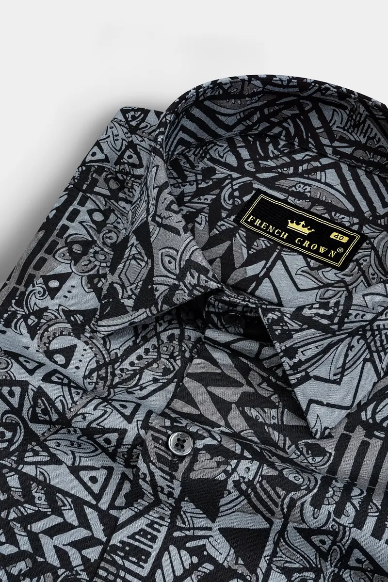 Jade Black With Mid Grey Abstract Printed Giza Cotton Shirt 1