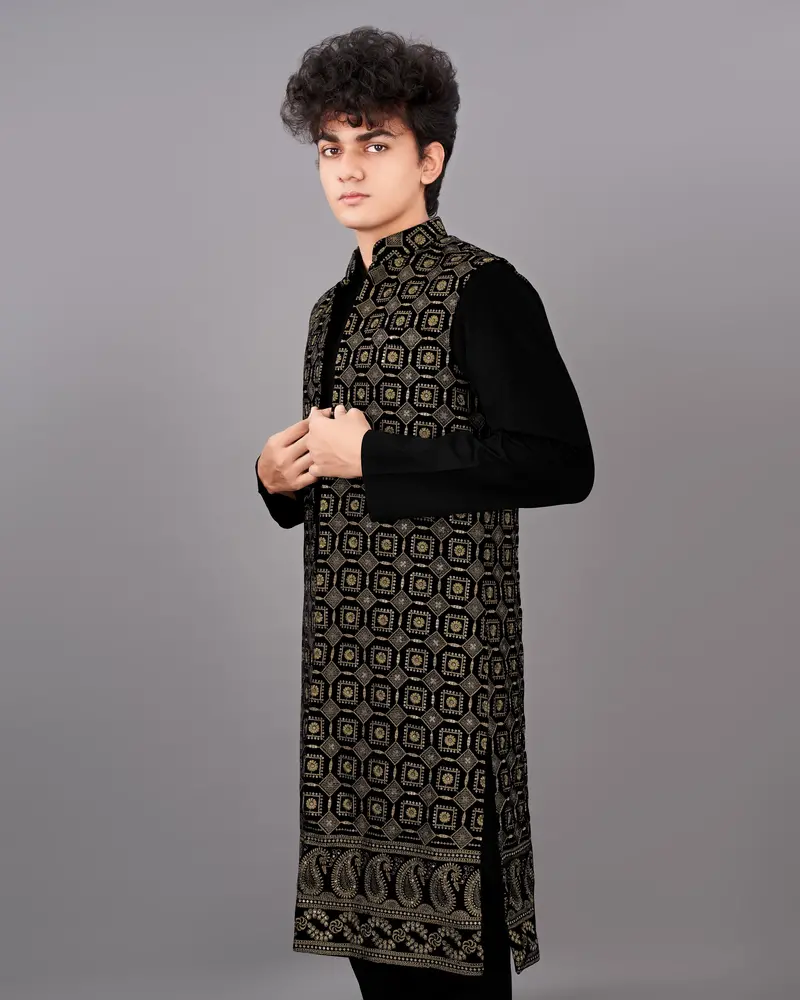 Jade Black With Moccasin Brown Sleeveless Embroidered Indo-Western 1