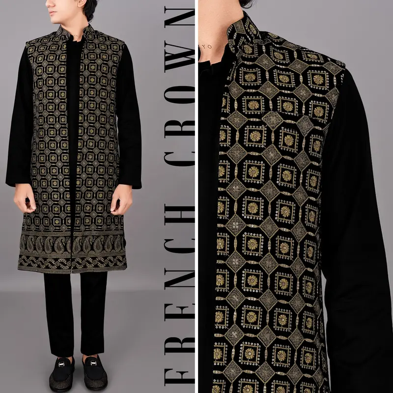 Jade Black With Moccasin Brown Sleeveless Embroidered Indo-Western With Kurta And Pants Set 1