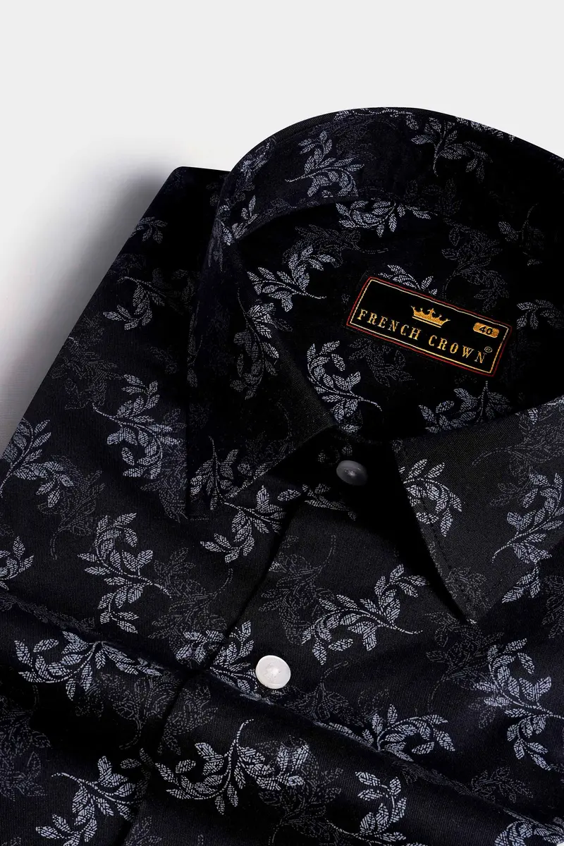 Jade Black With Nickel Gray And Ebony Blue Leaves Printed Subtle Sheen Super Soft Premium Cotton Designer Shirt 1