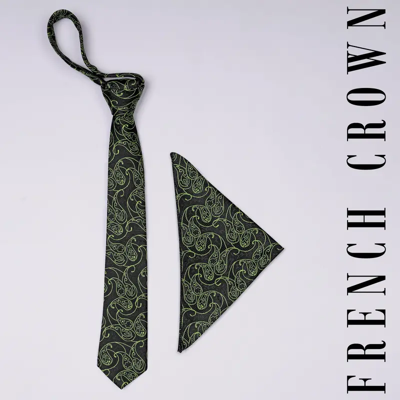 Jade Black With Olivine Green Paisley Jacquard Tie With Pocket Square 1