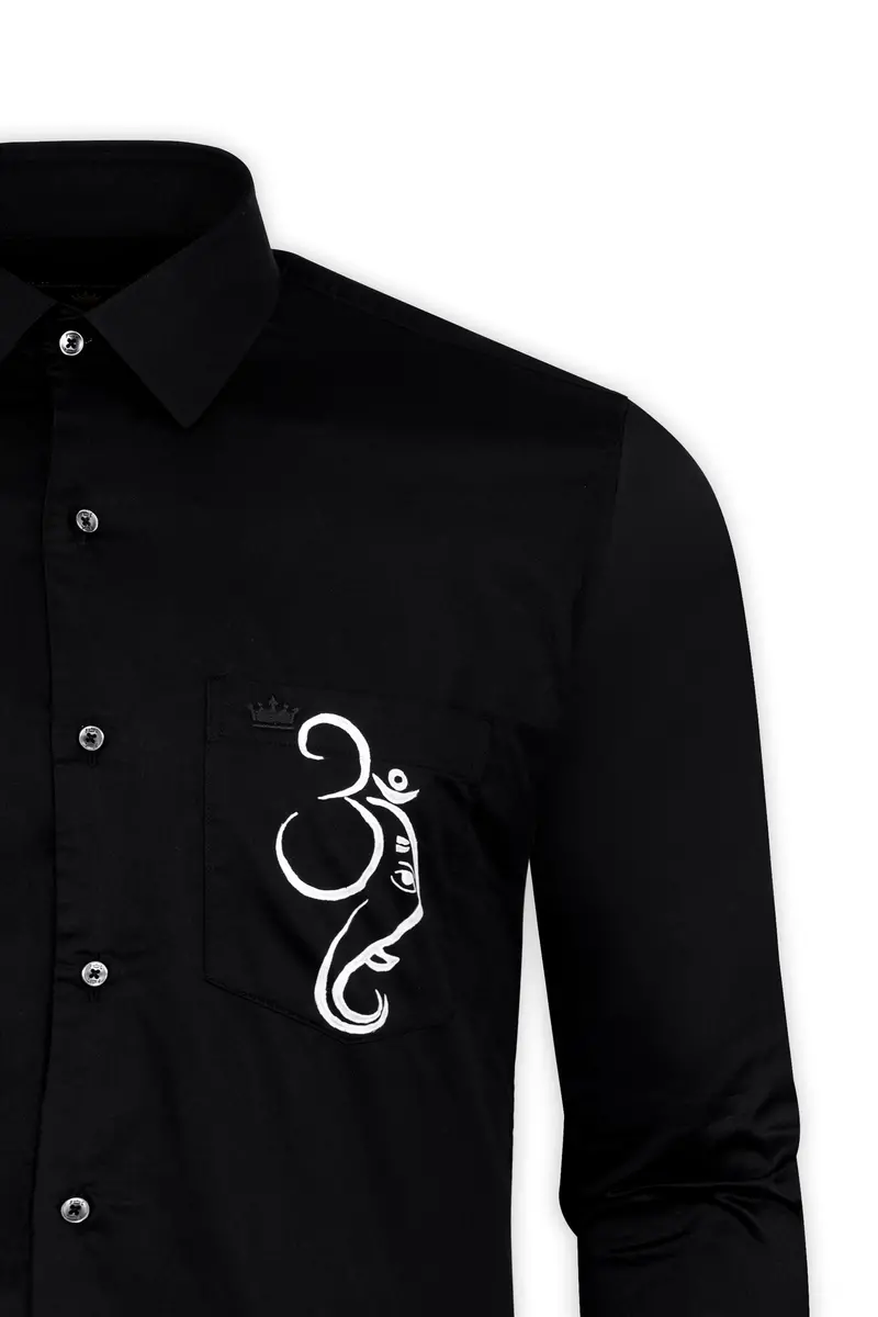 Jade Black With Om And Lord Ganesh Hand Painted Subtle Sheen Super Soft Premium Cotton Designer Shirt 2