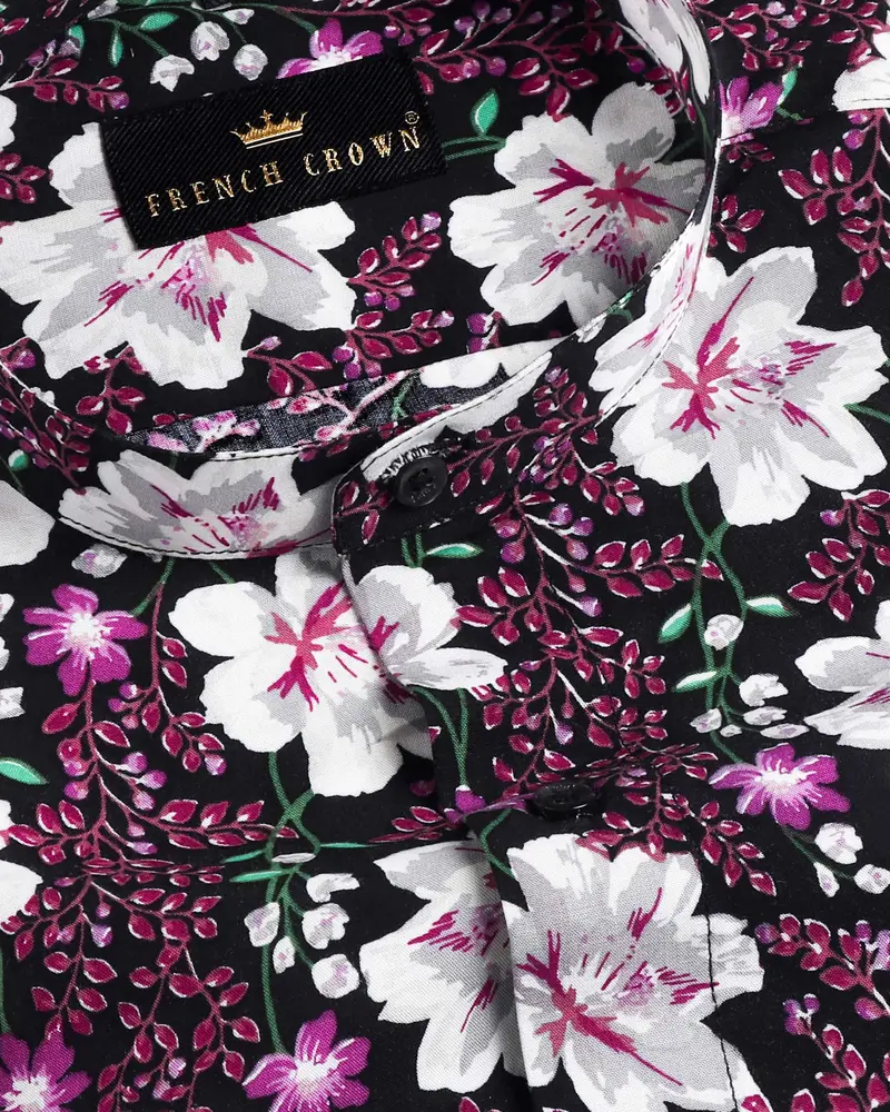 Jade Black With Purple Flowers Printed Beach Shirt 1