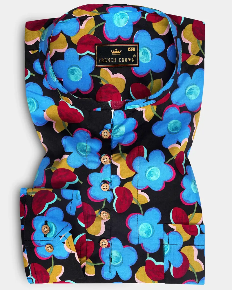 Jade Black With Scrunchie Blue Floral Printed Premium Cotton Kurta Shirt 1