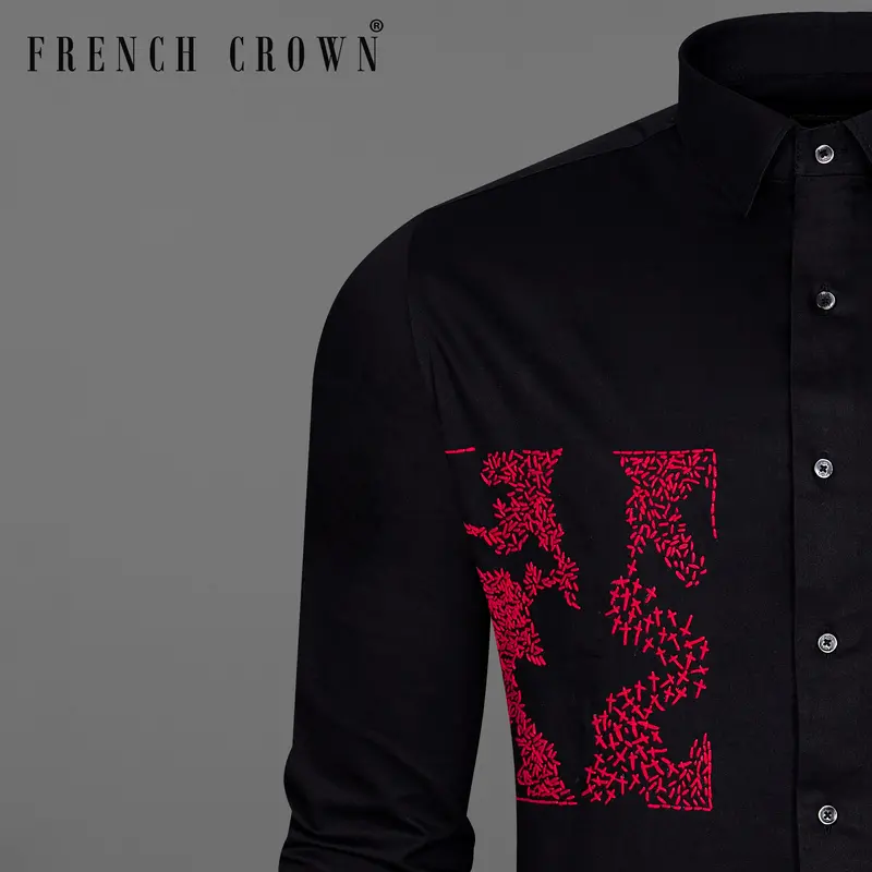 Jade Black With Shiraz Red Embroidered Super Soft Premium Cotton Shirt 1