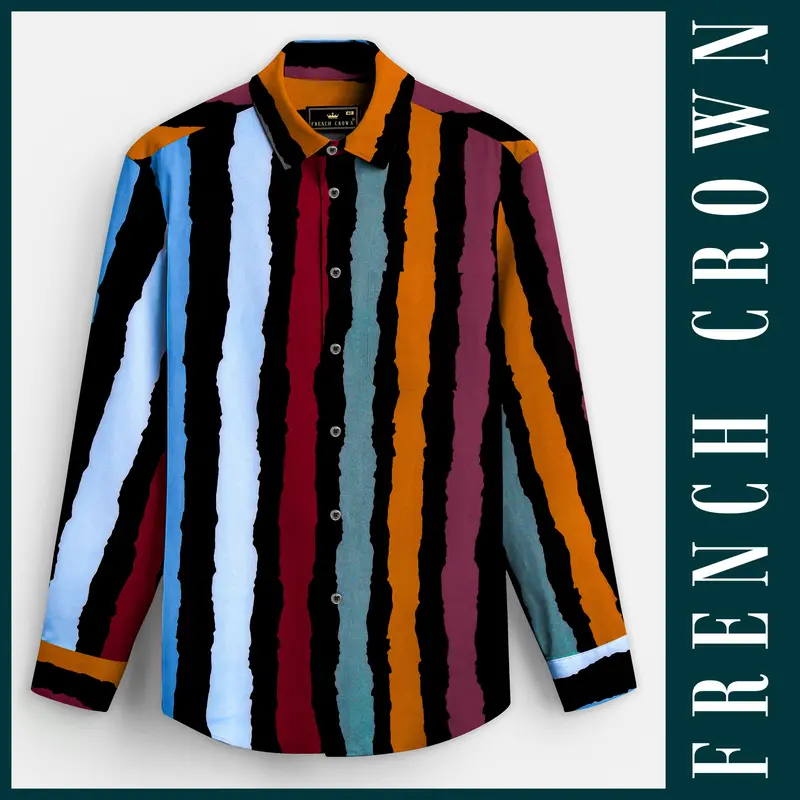 Jade Black With Tropical Blue Multicolour Striped Premium Tencel Shirt 1