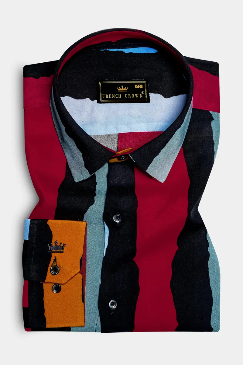 Jade Black With Tropical Blue Multicolour Striped Premium Tencel Shirt 5